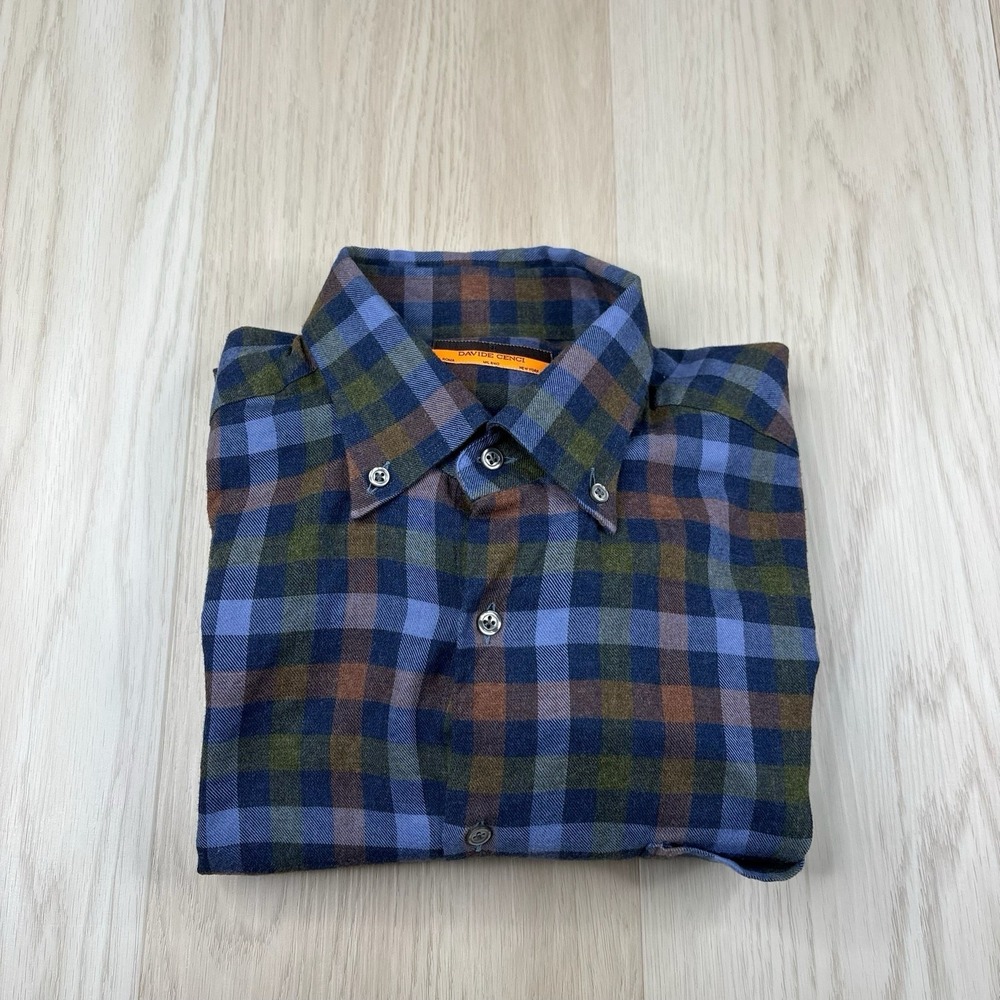 Davide Cenci Mens Button Front Collared Plaid Shirt Long Sleeve Size 42 16.5